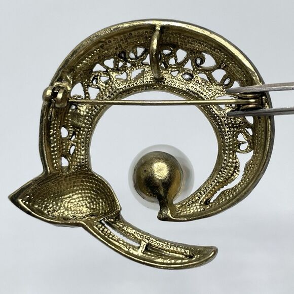 Gold Tone Faux Pearl White Rhinestone Round Brooch Pin Pendant Statement - Picture 4 of 6